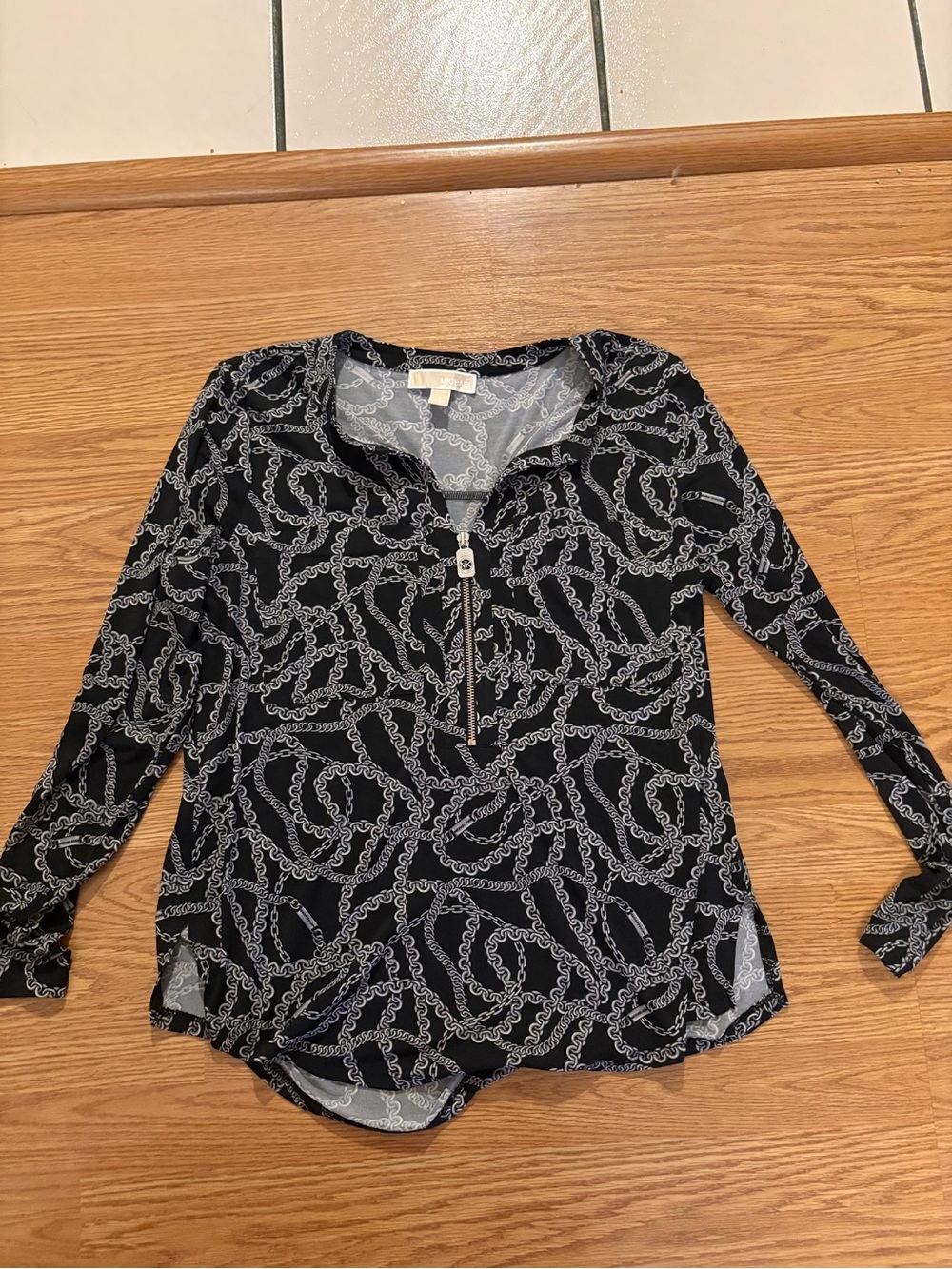 Michael Kors Black Chain-Print Zip Front Women's Blouse